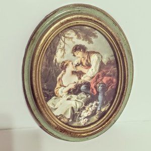 Vintage Oval Wood Framed Picture 8.25 X 7.25 Inches